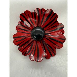 Vintage Red Black Striped Enamel Flower Brooch Pin Mid Century Modern Floral